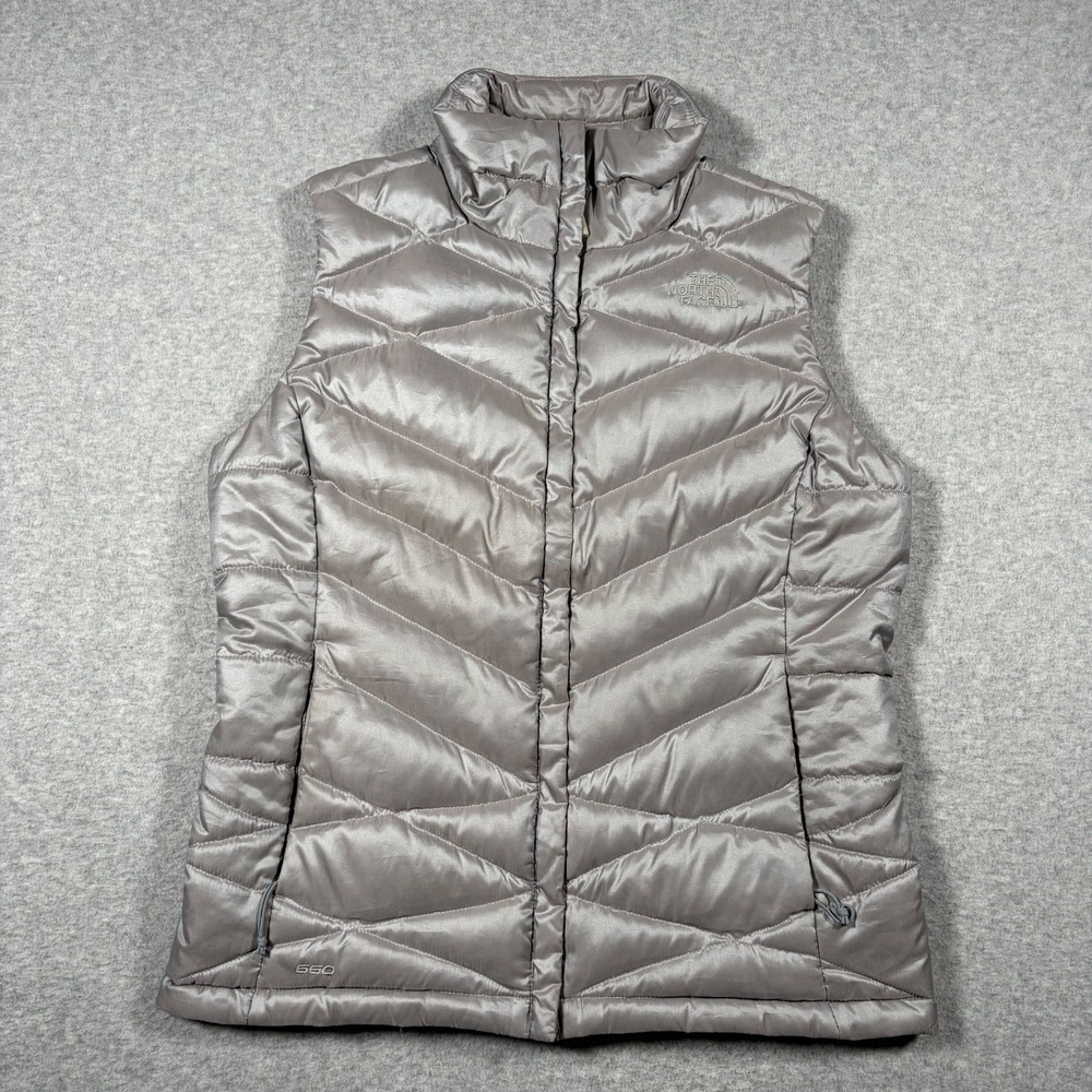 The North Face Puffer Vest Women Small Gray 550 Down Insulated Quilted Full Zip